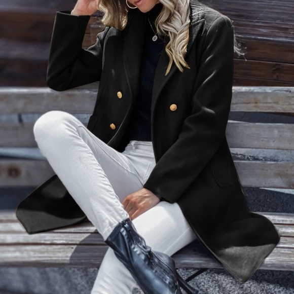 Classic button double breast trench pea coat Jacket - Picture 8 of 10